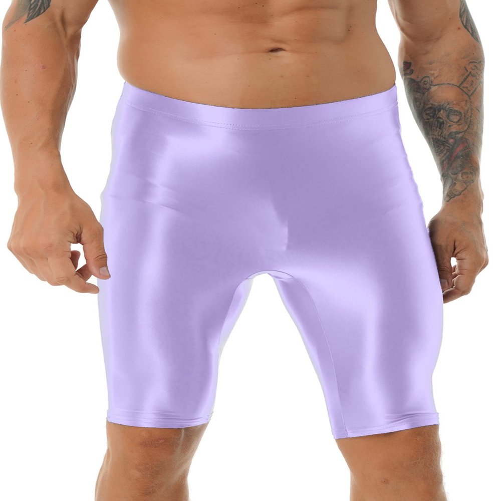 ACSUSS Mens Gloosy Shorts High Waist Running Fitness Shiny Pants Smooth Tights Yoga Sexy Oil Tight Light Purple X-Large