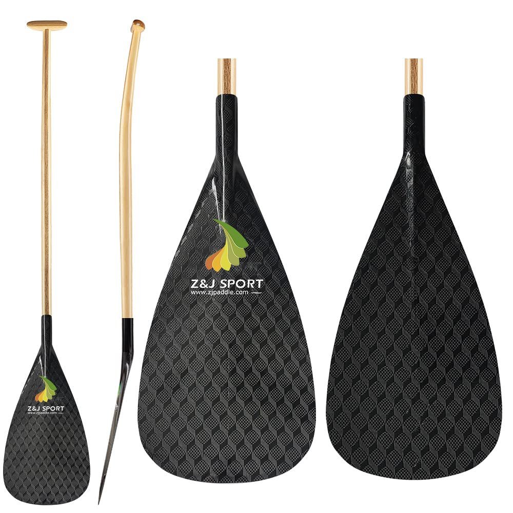 Z&J SPORT Outrigger Canoe Paddle Wooden Shaft, Tahiti Style Hybrid OC Paddle with T-Handle, Durable OC Paddle for Waka AMA, vaa, Bent Shaft & 12 Degree Blade Cube,49"