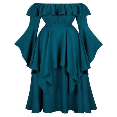 Lehauya Renaissance Dress Women Medieval Ruffle Off The Shoulder Victorian Smocked Dress Blackish Green 2X-Large