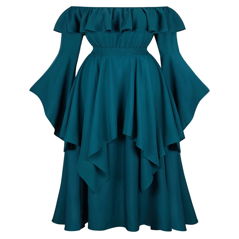 Lehauya Renaissance Dress Women Medieval Ruffle Off The Shoulder Victorian Smocked Dress Blackish Green 2X-Large