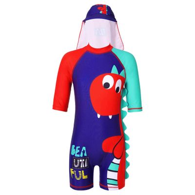 Yihuimin Boys Kids Shark Zipper Back One Piece Shorty Wetsuit with Sun Hat Beach Bathing Suit Red&Navy Blue 4-5 Years