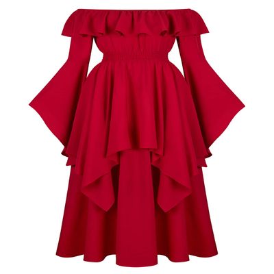 Lehauya Renaissance Dress Women Medieval Ruffle Off The Shoulder Victorian Smocked Dress Wine Red Large