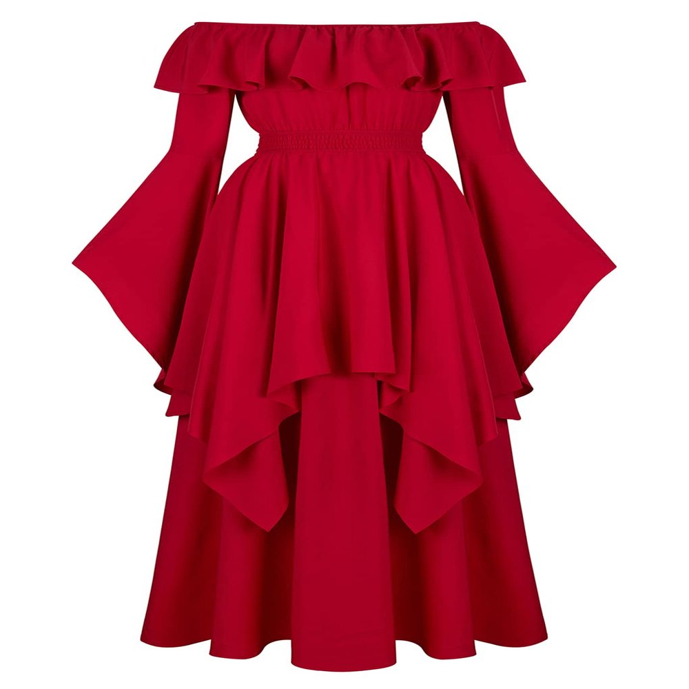 Lehauya Renaissance Dress Women Medieval Ruffle Off The Shoulder Victorian Smocked Dress Wine Red Large