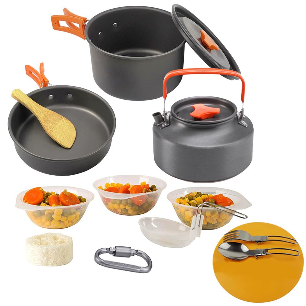 12PCs Camping Cookware Non-Stick Lightweight Pot Pan Kettle Set with Bowls Plates Forks Spoons Combination for Backpacking Outdoor Picnic,Orange