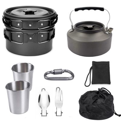 9PCs Camping Cookware Mess Kit Backpacking Cooking Set with Spoon Fork Aluminum Nonstick Outdoor Equipment for Hiking BBQ Picnic,Black