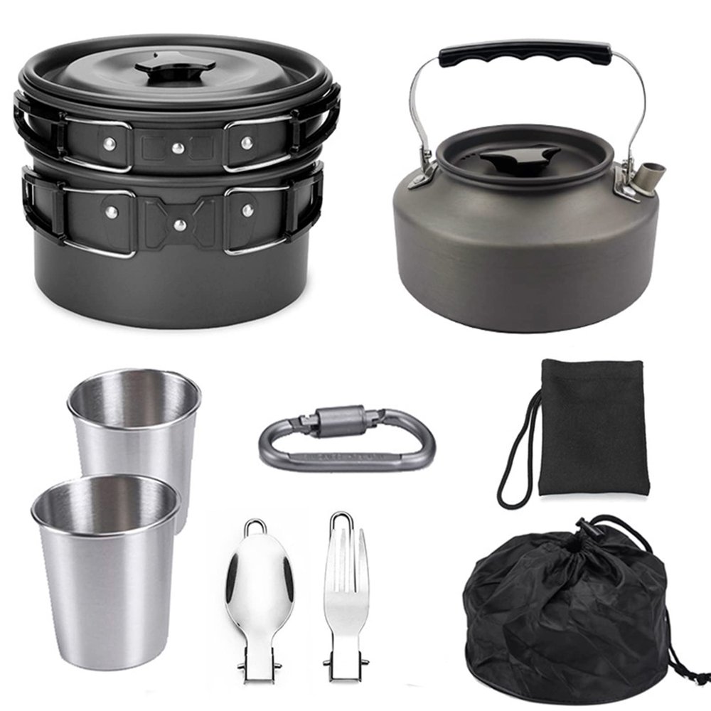 9PCs Camping Cookware Mess Kit Backpacking Cooking Set with Spoon Fork Aluminum Nonstick Outdoor Equipment for Hiking BBQ Picnic,Black