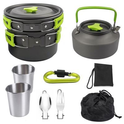 9PCs Camping Cookware Mess Kit Backpacking Cooking Set with Spoon Fork Aluminum Nonstick Outdoor Equipment for Hiking BBQ Picnic,Green