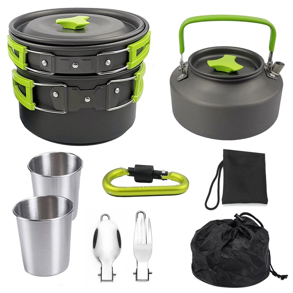 9PCs Camping Cookware Mess Kit Backpacking Cooking Set with Spoon Fork Aluminum Nonstick Outdoor Equipment for Hiking BBQ Picnic,Green