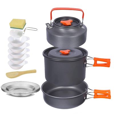 15PCS Camping Cookware Mess Kit 4-5 Person Campfire Outdoor Hiking Backpacking Picnic Cooking Stainless Steel Pot Pan Bowl Spoon Set