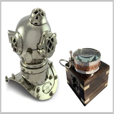 Antique Vibes Scuba Divers Diving Chrome Finish Helmet Desktop Decor & Nautical Magnifier Glass Vintage Compass in Wooden Box