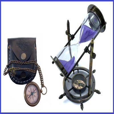 Victorian Antique Brass Purple Sand Timer & Nautical Pocket Chain Compass with Belt Strap Leather Case