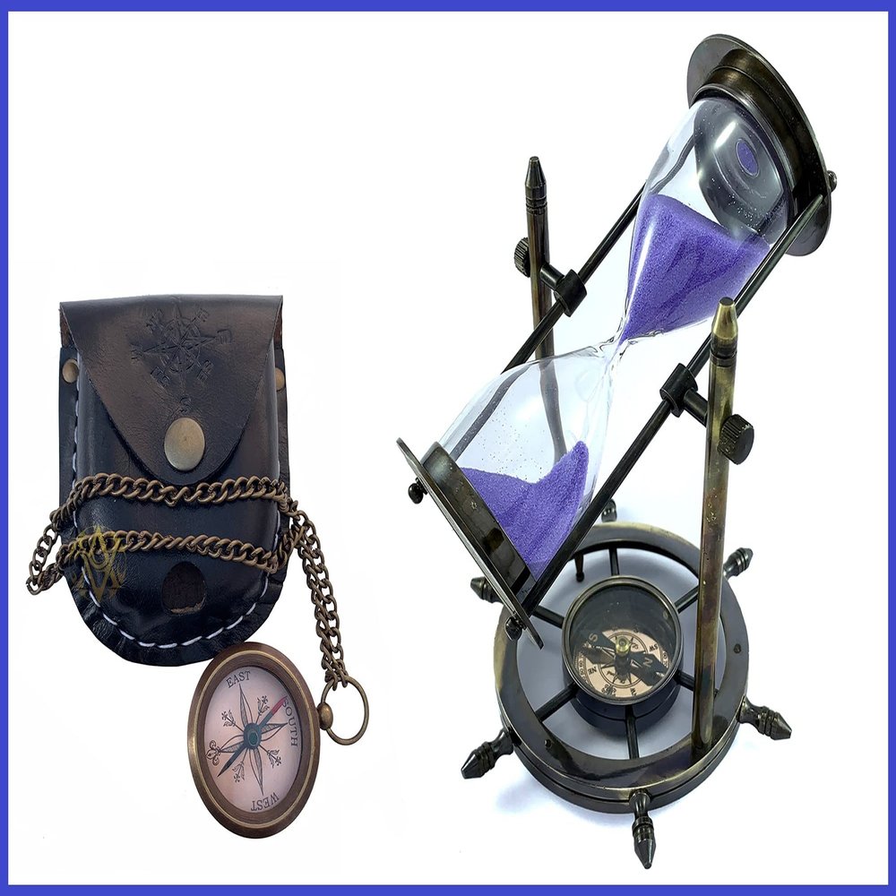 Victorian Antique Brass Purple Sand Timer & Nautical Pocket Chain Compass with Belt Strap Leather Case