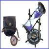 Victorian Antique Brass Purple Sand Timer & Nautical Pocket Chain Compass with Belt Strap Leather Case view 1
