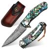 Benkey Damascus Pocket Knife with Clip Leather Sheath Sharp VG10 Core Folding Knife, EDC with Liner Lock Unique Abalone Seashells Handle for Outdoor Survival Camping Collection view 1