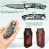 Benkey Damascus Pocket Knife with Clip Leather Sheath Sharp VG10 Core Folding Knife, EDC with Liner Lock Unique Abalone Seashells Handle for Outdoor Survival Camping Collection view 3