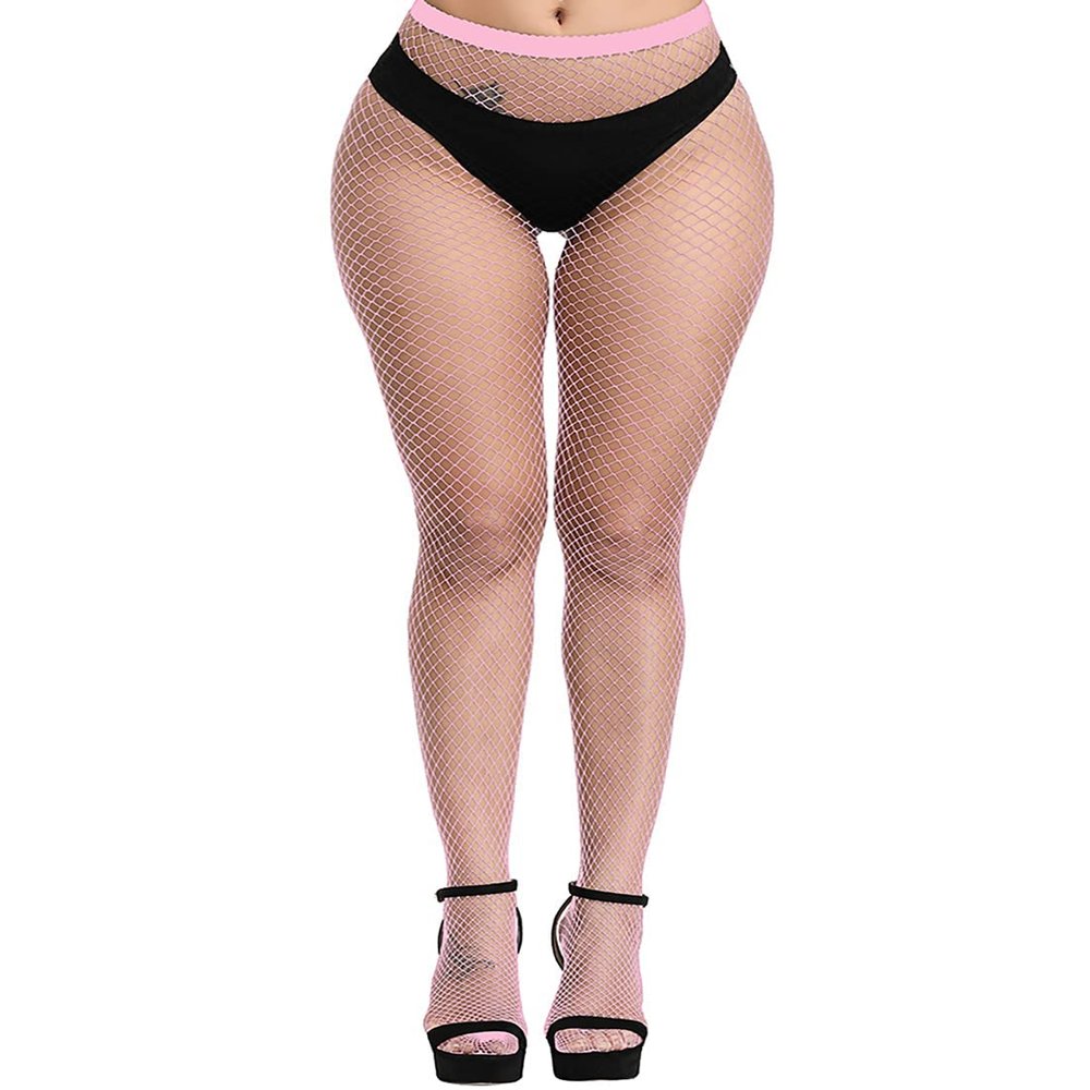 E-Laurels Womens High Waist Patterned Fishnet Tights Suspenders Pantyhose Thigh High Stockings (Pink Fishnet Tights M_hole)