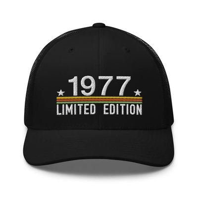 49th Birthday Vintage Embroidered Trucker Hat, Born in 1977, 49 Year Old Cap Black