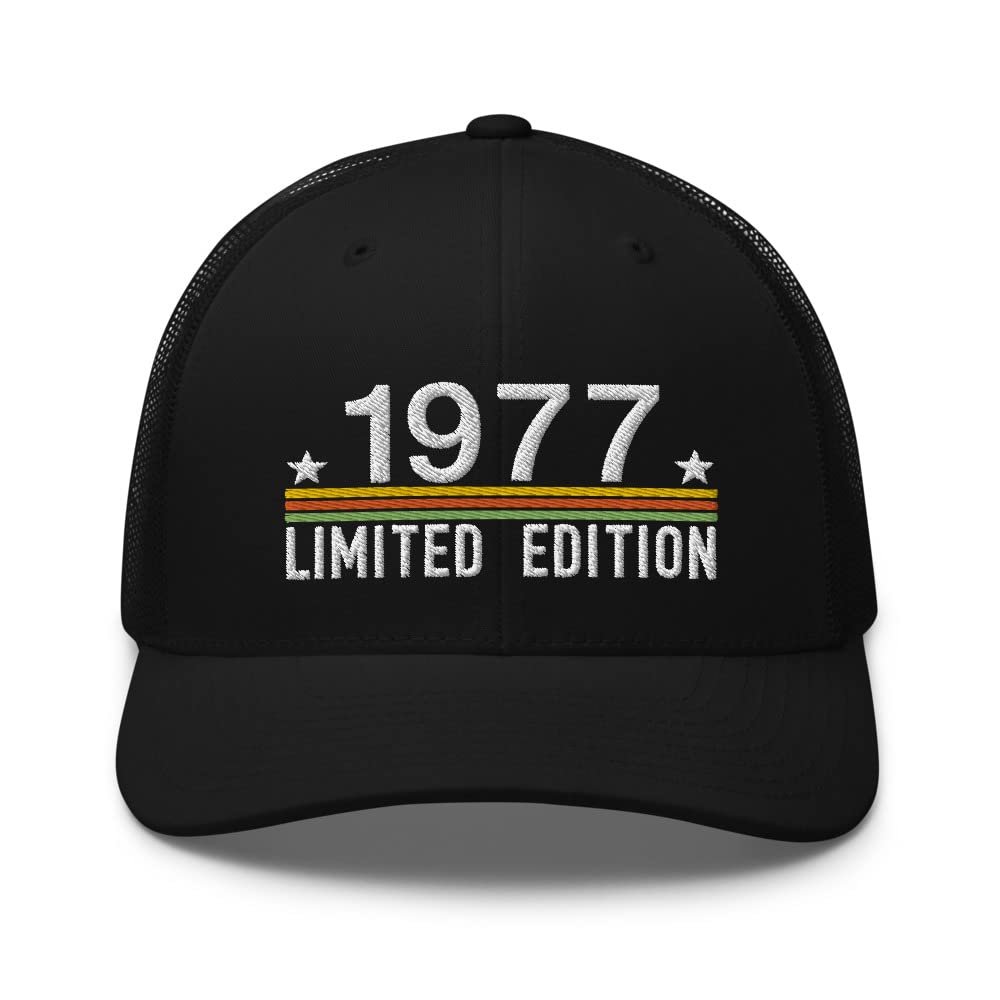 49th Birthday Vintage Embroidered Trucker Hat, Born in 1977, 49 Year Old Cap Black