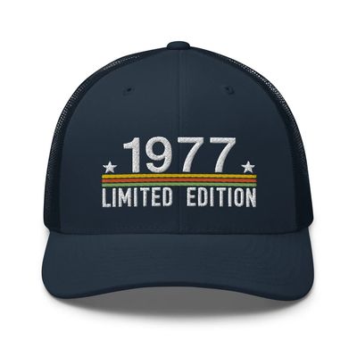 49th Birthday Vintage Embroidered Trucker Hat, Born in 1977, 49 Year Old Cap Navy