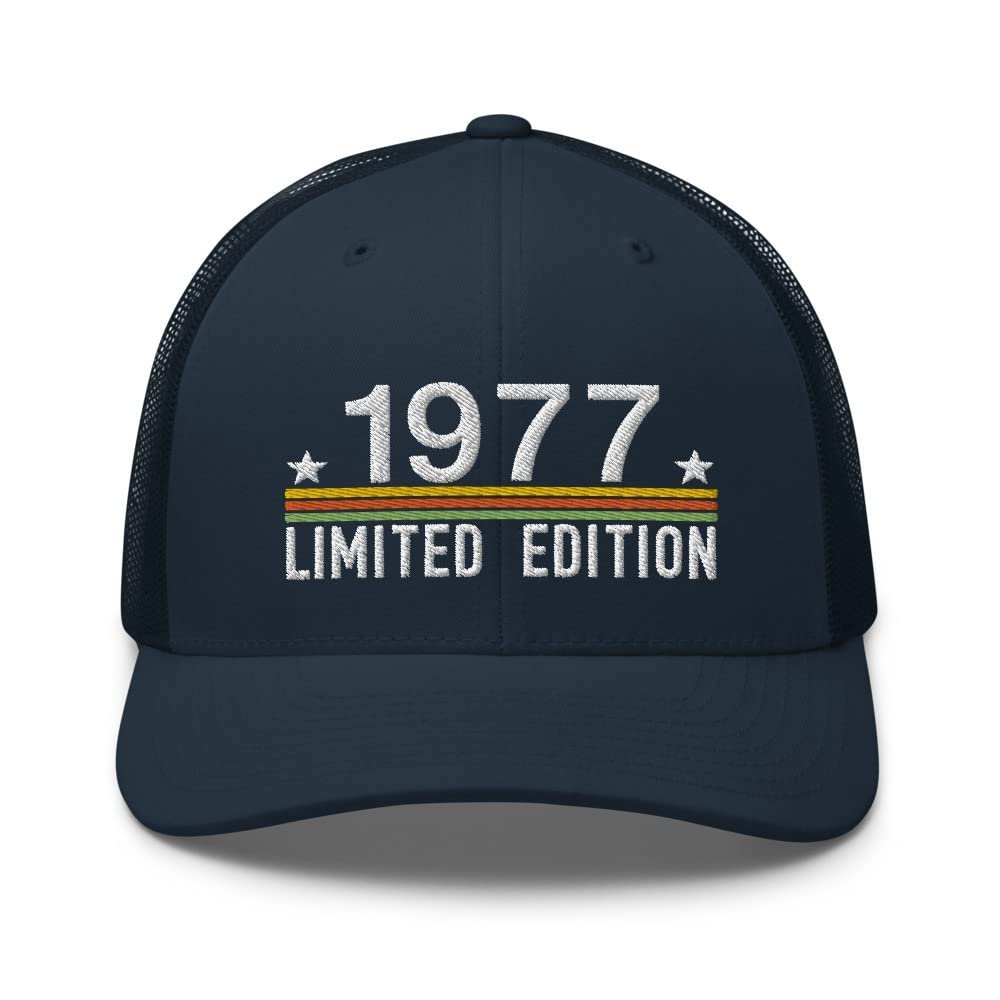 49th Birthday Vintage Embroidered Trucker Hat, Born in 1977, 49 Year Old Cap Navy