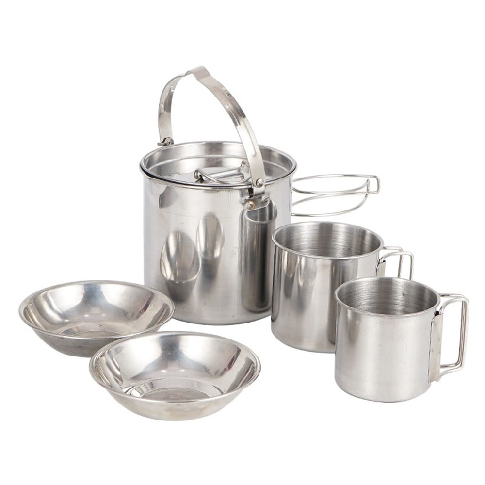 5 in 1 Camping Cookware Set Stainless Steel Kettle Nonstick Cup Bowl Pot Compact for Outdoors Indoors Kitchen Family Campfire Hiking