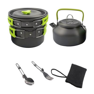 5PCs Camping Cookware Non-Stick Lightweight Portable Kettle Stainless Steel Forks Spoons Supplies for Outdoor Backpacking Picnic,Green