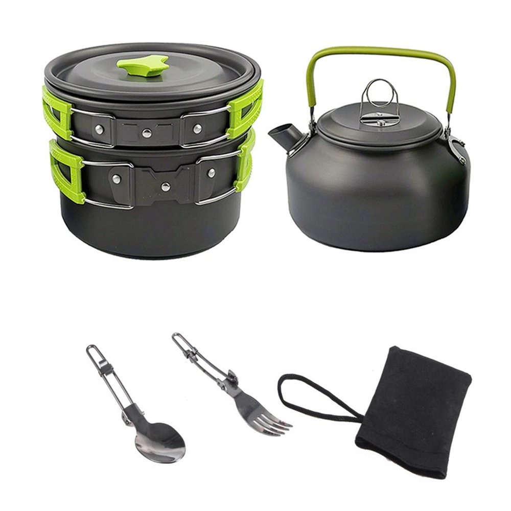 5PCs Camping Cookware Non-Stick Lightweight Portable Kettle Stainless Steel Forks Spoons Supplies for Outdoor Backpacking Picnic,Green
