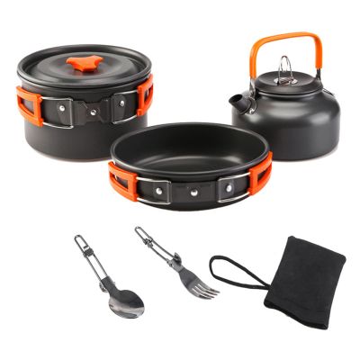 5PCs Camping Cookware Non-Stick Lightweight Portable Kettle Stainless Steel Forks Spoons Supplies for Outdoor Backpacking Picnic,Orange