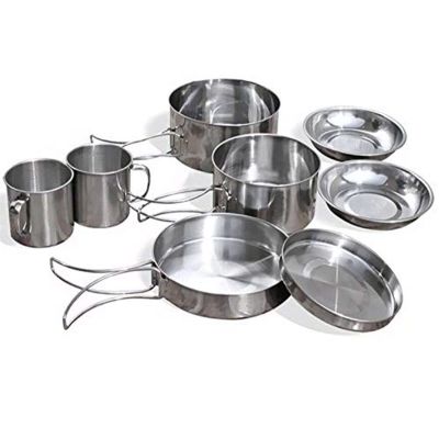 8PCs Ultra-Light Stainless Steel Outdoor Picnic Pot Pan Kit 3-4person Household Camping Hiking Cookware Bowl Cup Cover Cooking Set