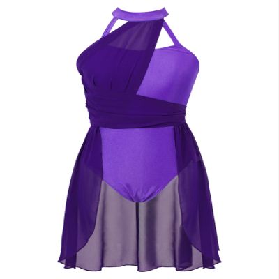 Aislor Women's Lyrical Dance Dress Sleeveless Color Block Chiffon Skirted Leotard Contemporary Dance Costumes Dark Purple Medium
