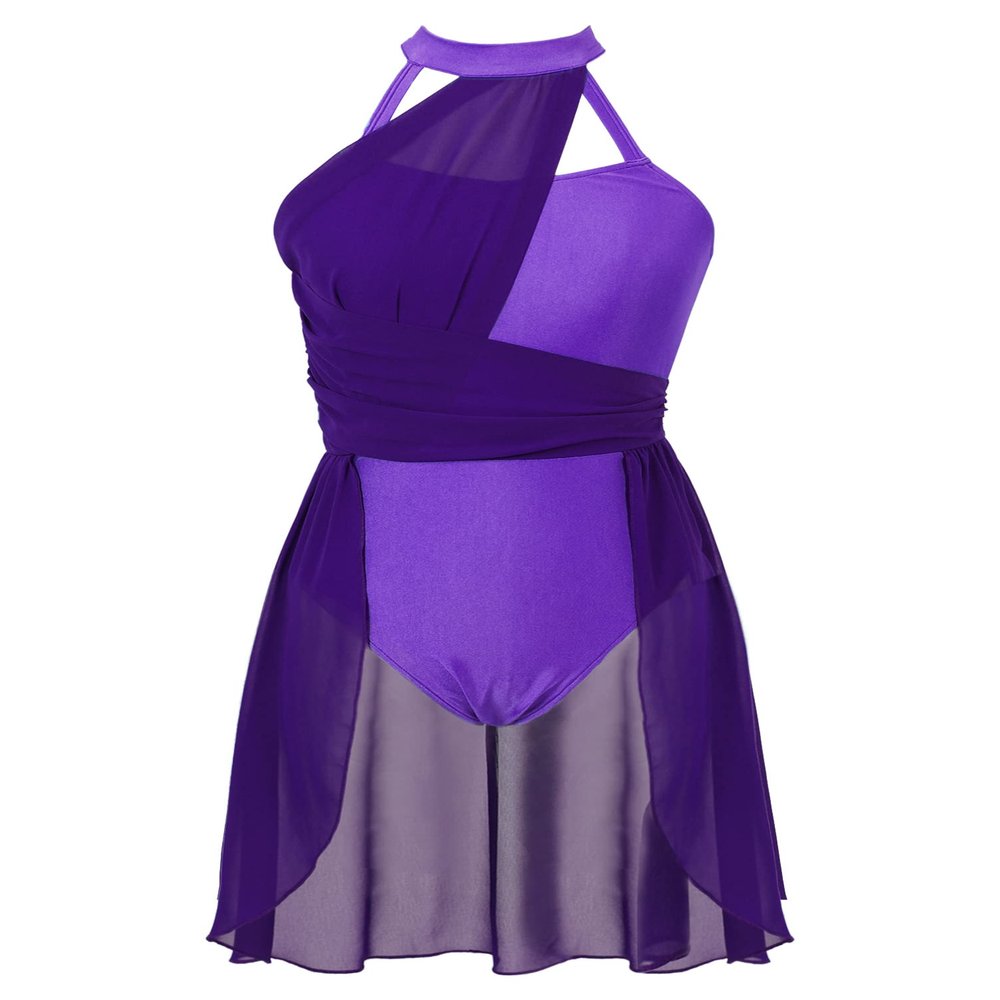 Aislor Women's Lyrical Dance Dress Sleeveless Color Block Chiffon Skirted Leotard Contemporary Dance Costumes Dark Purple Medium