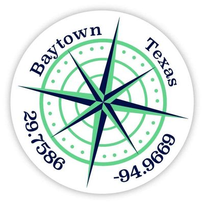 Baytown Texas 2-Inch Vinyl Decal Sticker Latitude Longitude Compass Design