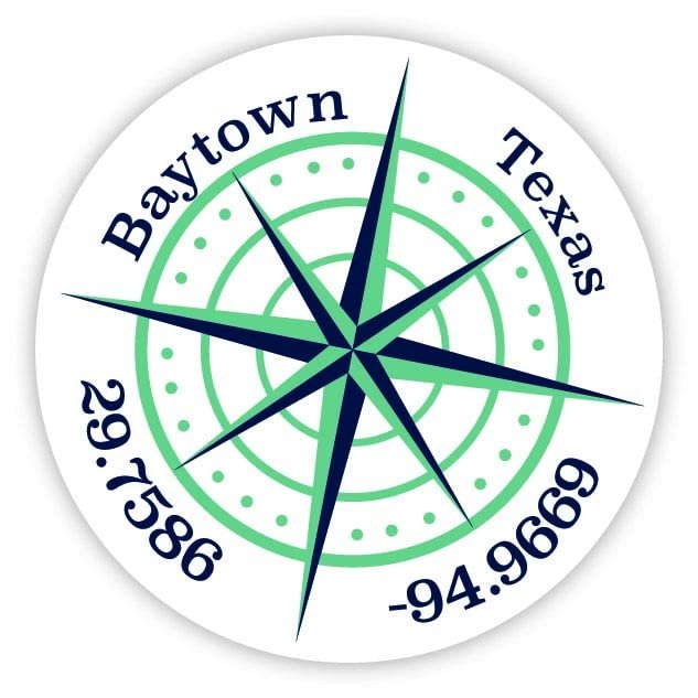 Baytown Texas 4-Inch Vinyl Decal Sticker Latitude Longitude Compass Design