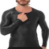 easyforever Men's Glossy O Neck Long Sleeve Compression Shirts Athletic Workout Shirt Water Sports Rash Guard Black X-Large view 1