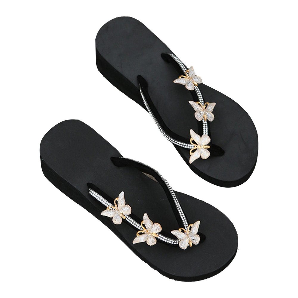 Womens Butterfly Rhinestone Flip Flop Sandals Summer Casual Thong Strap Clip Toe Wedge Heel Platform Slipper Comfortable Slip-on Beach Shoes Green