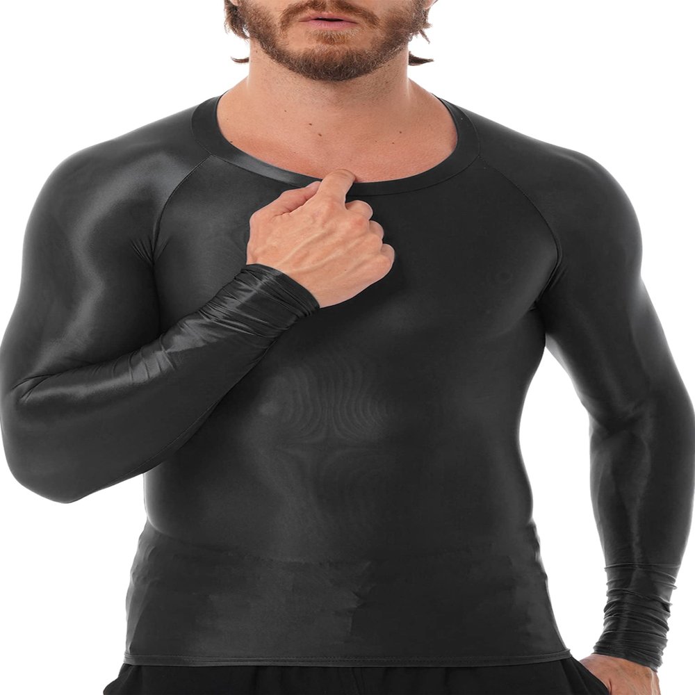 easyforever Men's Glossy O Neck Long Sleeve Compression Shirts Athletic Workout Shirt Water Sports Rash Guard Black Large