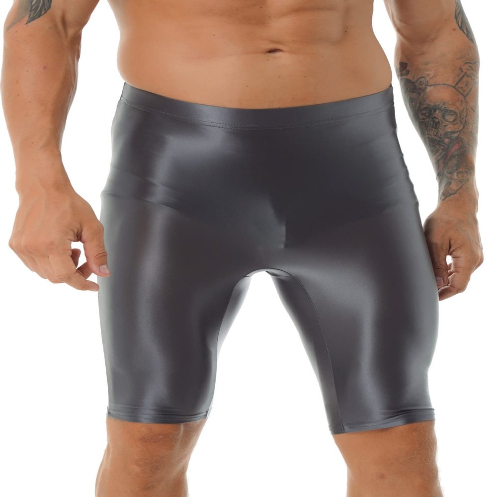 Loloda Men's Glossy Oily Quick Dry Compression Yoga Workout Tight Shorts Leggings Swimwear Dark Grey X-Large