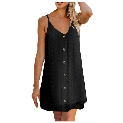 Women Summer Spaghetti Strap Button Down Dress Loose Vintage Printed Shift Dress V Neck Sleeveless Casual Mini Dress (X-Large,Black)
