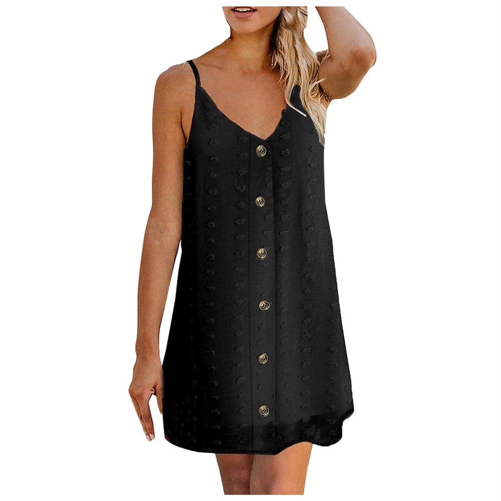 Women Summer Spaghetti Strap Button Down Dress Loose Vintage Printed Shift Dress V Neck Sleeveless Casual Mini Dress (X-Large,Black)