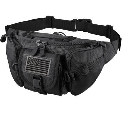 FRTKK Tactical Fanny Pack Military Waist Bag Pack with USA Flag Patch Utility Hip Pack with Adjustable Strap for Outdoors Fishing Cycling Camping Hiking Dog Walking (Black)