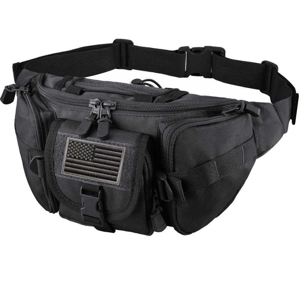 FRTKK Tactical Fanny Pack Military Waist Bag Pack with USA Flag Patch Utility Hip Pack with Adjustable Strap for Outdoors Fishing Cycling Camping Hiking Dog Walking (Black)