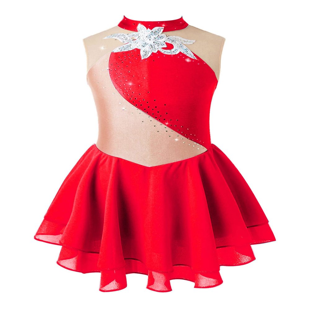 Aislor Girls Lyrical Ballet Dance Dress Sleeveless Rhinestones Figure Ice Skating Leotard Dress Dancewear Skating wear Red 16 Years
