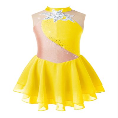 Aislor Girls Lyrical Ballet Dance Dress Sleeveless Rhinestones Figure Ice Skating Leotard Dress Dancewear Skating wear Yellow 16 Years