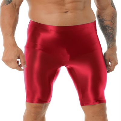 Loloda Men's Glossy Oily Quick Dry Compression Yoga Workout Tight Shorts Leggings Swimwear Red X-Large