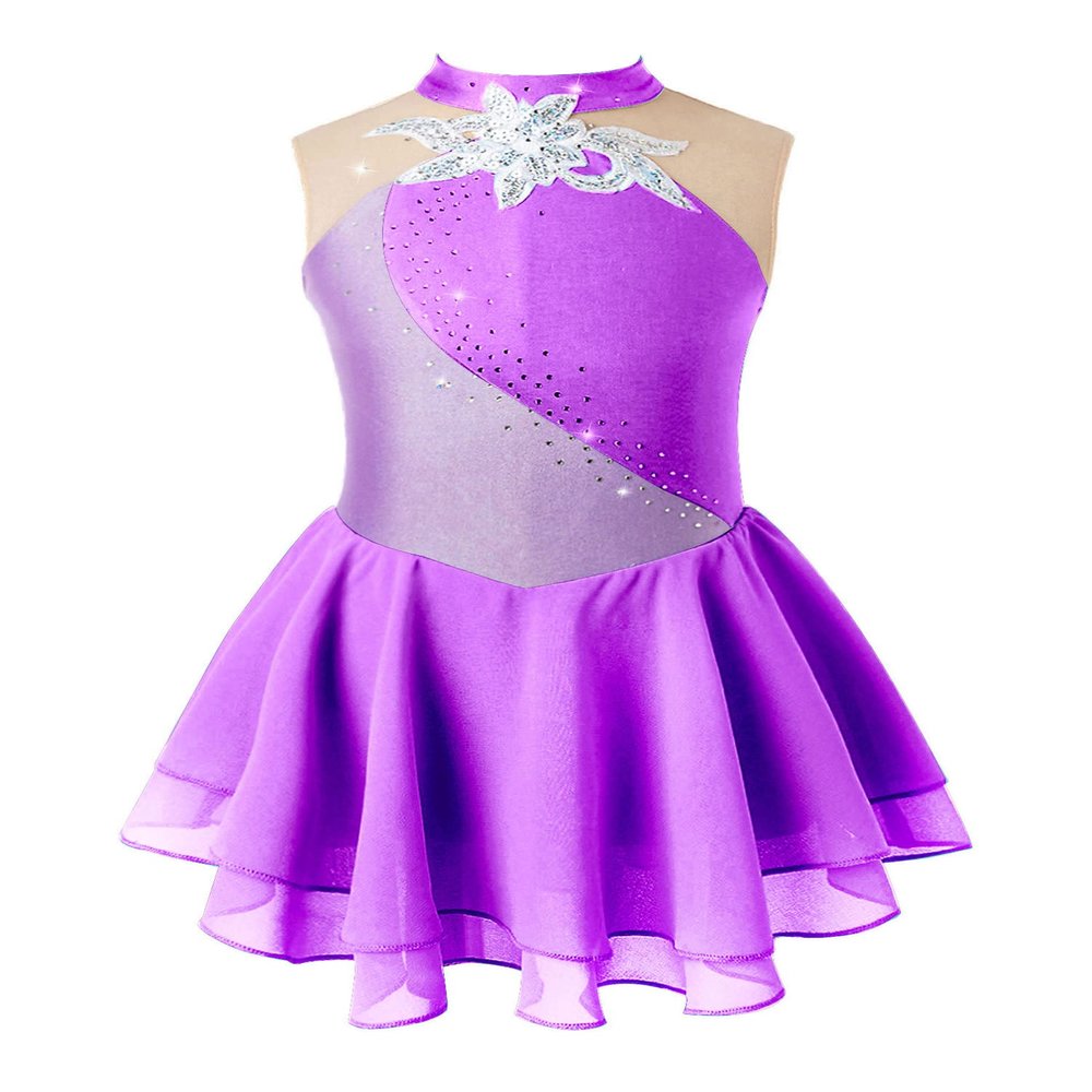 Aislor Girls Lyrical Ballet Dance Dress Sleeveless Rhinestones Figure Ice Skating Leotard Dress Dancewear Skating wear Purple 12 Years