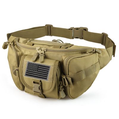 FRTKK Tactical Fanny Pack Military Waist Bag Pack with USA Flag Patch Utility Hip Pack with Adjustable Strap for Outdoors Fishing Cycling Camping Hiking Dog Walking (Tan)