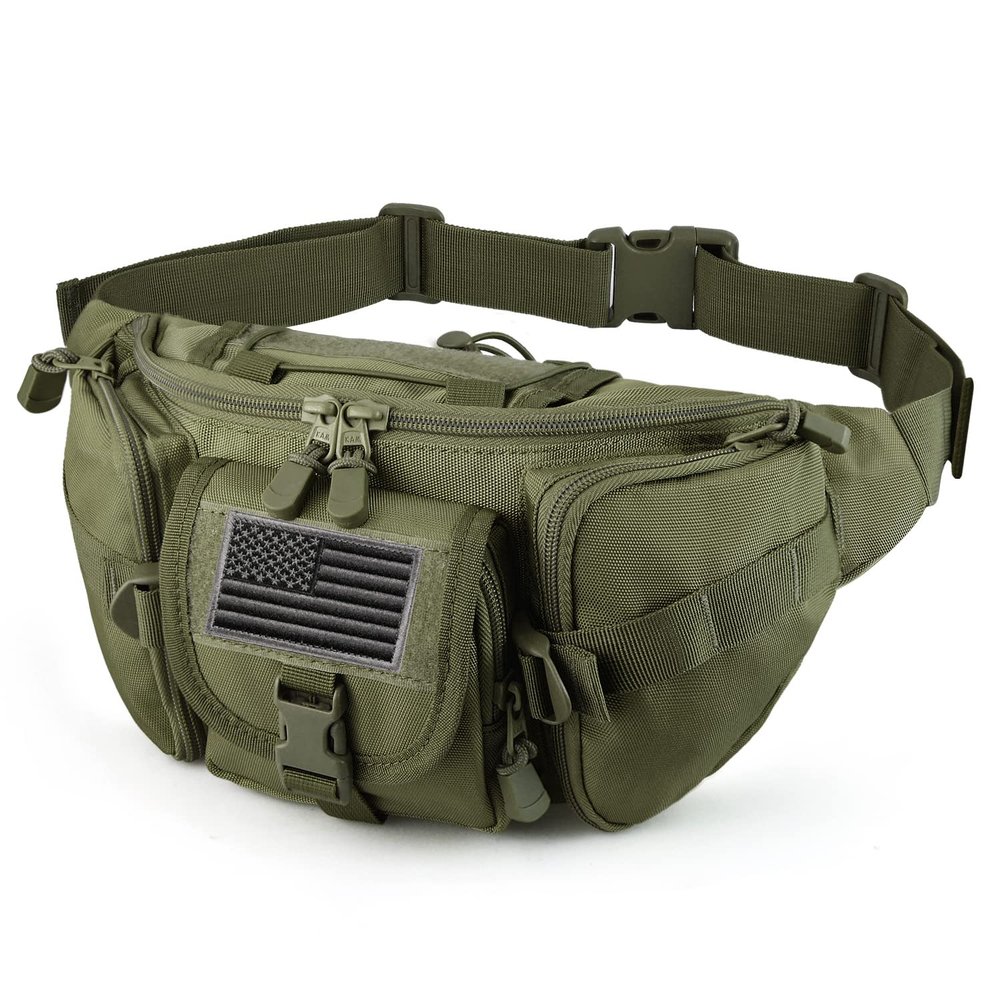 FRTKK Tactical Fanny Pack Military Waist Bag Pack with USA Flag Patch Utility Hip Pack with Adjustable Strap for Outdoors Fishing Cycling Camping Hiking Dog Walking (Army green)