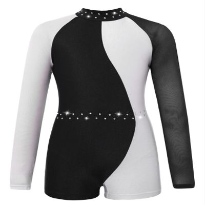 FEESHOW Leotards for Girls Gymnastics Children Long Sleeve Zipper Back Biketard Unitard Jumpsuit with Shorts Black&White 6 Years