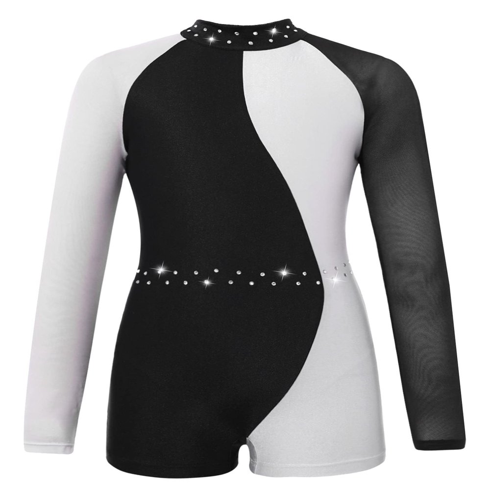 FEESHOW Leotards for Girls Gymnastics Children Long Sleeve Zipper Back Biketard Unitard Jumpsuit with Shorts Black&White 6 Years