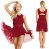 YiZYiF Lyrical Women's Illusion V-Neck Dance Dress Chiffon High Low Skirted Leotard Dresses Red Small view 2